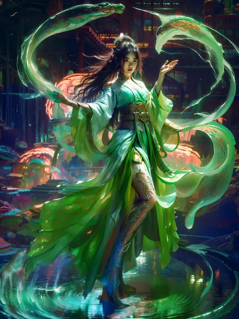 A woman in a green dress stands in the water, full-body xianxia, a beautiful fox lady, by Yang J, Onmyoji detailed art, art-style, Inspired by Lan Ying, G Liulian art style, Artgerm Plat, Style Artgerm, Artgerm on ArtStation Pixiv, inspired by Ju Lian