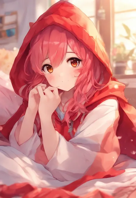 (photorealistic image:1.3), (Red-Hooded Anime Girl:1.2), lying on a bed, (intense red eyes:1.1), (vibrant red hair:1.2), (soft lighting:1.2), (detailed bedding:1.1), (high resolution:1.2), (portrait shot:1.1)"