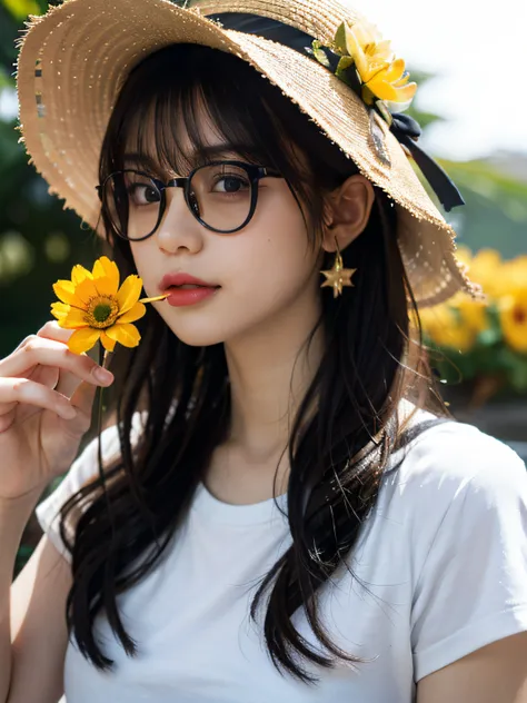 absurderes, hight resolution, ultra-detailliert, 1girl in, Solo, extremely detailed eye, starfish, shellfish, seashells, flower, hat, Hair Ornament, Jewelry, a straw fedora hat, Looking at Viewer, Sunglasses, hat flower, drinking straw, hair clips, earring...