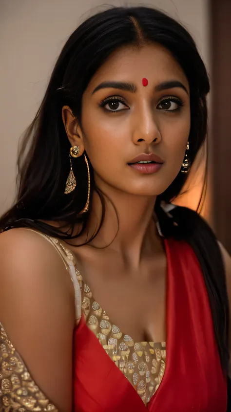 an indian female 27 yo in a red sari and white blouse, she has a distant expression, shocked look, very attractive and beautiful...