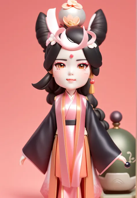 Blind box toy style，Ancient Chinese maiden image，cute  face，Black color hair，Pink Hanfu，Peach blossom makeup，Small pearl decoration，Donkey ears are light gray，The wine altar overhead，The pink clothes are decorated with peach blossoms