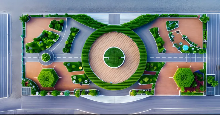 landscap is park modern near beach, center is water music, road, plant, grass