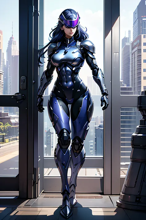 arafe female robocop solo、Big breasts about to burst、full body armored、Purple and silver armor、thin and long legs,、Long metallic blue hair、Fitness Body Shape、Helmet with visor to cover the eye area、Pose ready to fight、