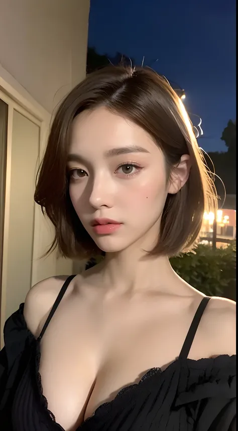 ((nighttime scene、Realistic light、Top image quality、8k、​masterpiece:1.3))、1girl in、Slim figure beauty:1.4、a blond、short-hair、（huge tit:1.3)、Off-shoulder cut top:1.3、Super detailed face、detailedeyes、二重まぶた、France、Paris、cleavage of the breast