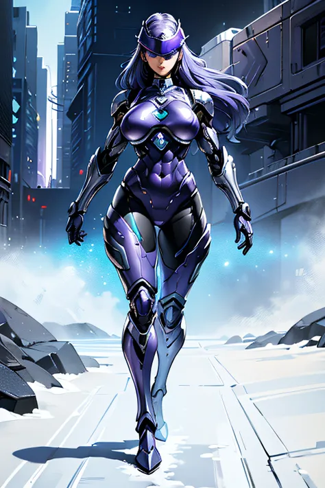 arafe female robocop solo、Big breasts about to burst、full body armored、Purple and silver armor、thin and long legs,、Long metallic blue hair、Fitness Body Shape、Helmet with visor to cover the eye area、Pose ready to fight、