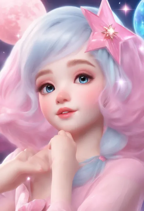 (best quality,4k,8k,highres,masterpiece:1.2),ultra-detailed,(realistic,photorealistic,photo-realistic:1.37),pink color palette,star guardian,3D rendering,light blue hair,holographic pink dress,adorable kawaii expression,flying in space between pink planets...