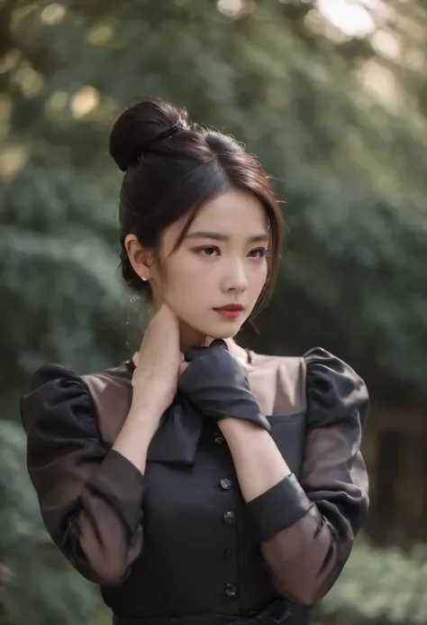 Black leather gloves　black suits　Black hair ponytail　japanaese girl　Ribbon Tie Blouse　top half