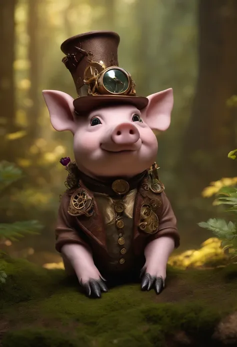 A whimsical pig character wearing an eccentric, steampunk-inspired hat and goggles, entertaining a diverse audience in a magical forest setting, exuding a sense of wonder and enchantment, Sculpture, intricately hand-crafted sculpture with steampunk details...