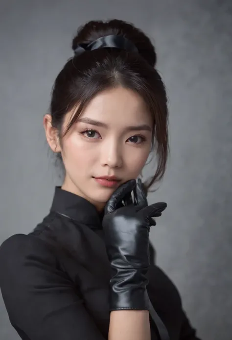 Black leather gloves　black suits　Black hair ponytail　japanaese girl　Ribbon Tie Blouse　top half