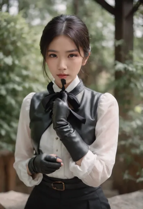 Black leather gloves　black suits　Black hair ponytail　japanaese girl　Ribbon Tie Blouse　top half