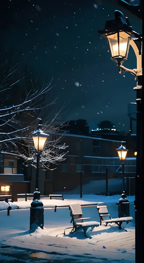 There is a snowy night view with benches and street lamps in the middle of the park, snowfall at night, moonlight snowing, snowy night, Light snowfall, Winter nights, snowy winter christmas night, nevando, Moonlight snow, perfect lighting in a snow storm, ...