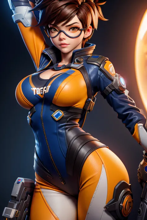 Close-up of a woman, tracer from overwatch, on a spaceship, medium breasts, 4K quality, exercised thighs, cleavage