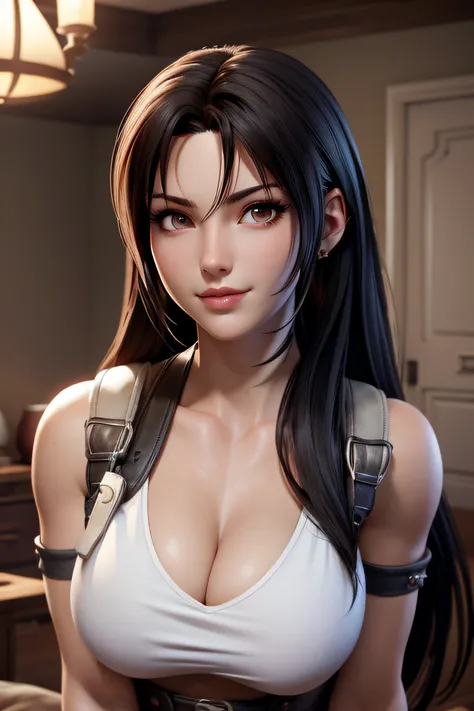 Close-up of a woman, tifa lockhart from final fantasy, on a room, medium breasts, 4K Quality, cleavage, white top