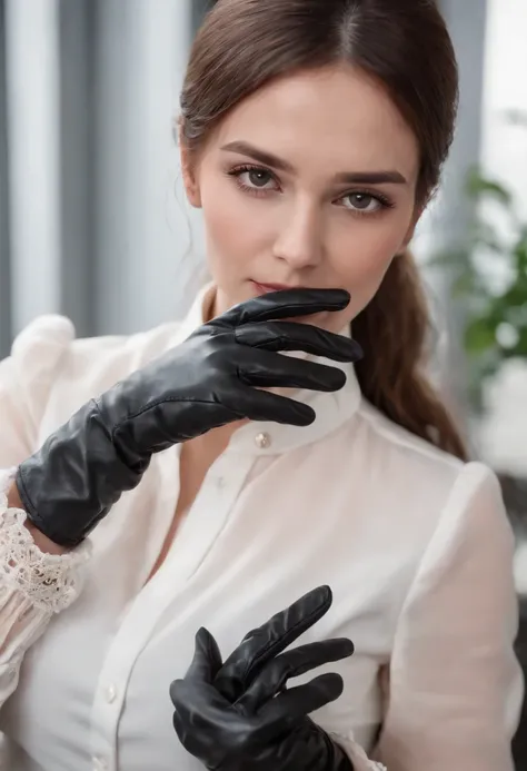 A woman wearing black leather gloves in both hands, mysterious hands, white blouse sleeves, eating alone, close-up hands