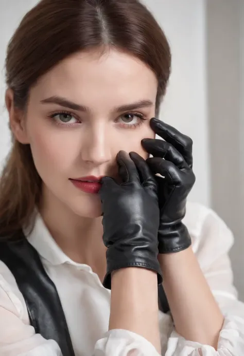 A woman wearing black leather gloves in both hands, mysterious hands, white blouse sleeves, eating alone, close-up hands