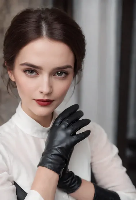 A woman wearing black leather gloves in both hands, mysterious hands, white blouse sleeves, eating alone, close-up hands