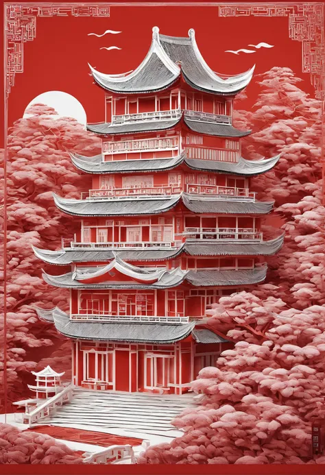 Masterpiece, Traditional Chinese house，beautiful render of a fairytale, In the style of paper art, painting of beautiful, beautiful as the moon, A very complex masterpiece, Red Beautiful intricate masterpiece, multi-layer, mysterious, Castle