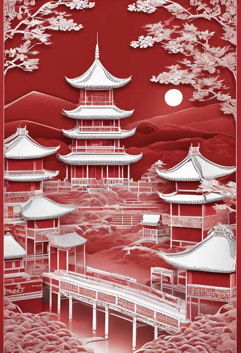 Masterpiece, Traditional Chinese style houses，beautiful render of a fairytale, In the style of paper art, painting of beautiful, beautiful as the moon, A very complex masterpiece, A beautiful and intricate masterpiece of red, multi-layer, mysterious, Castl...