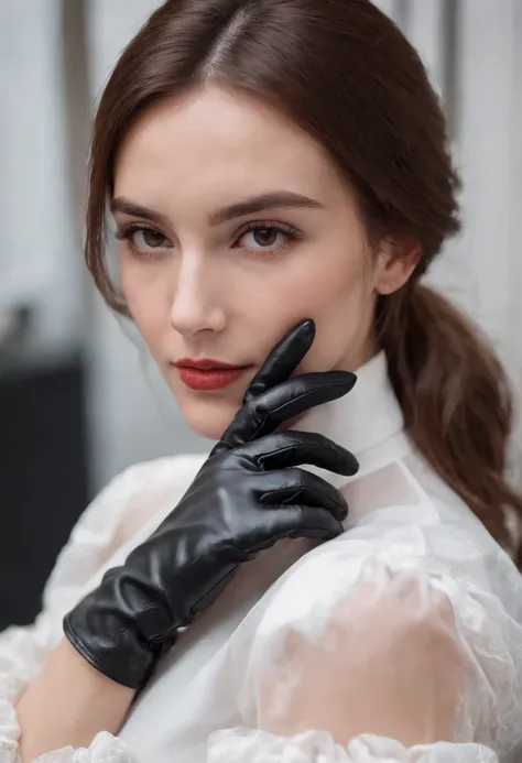 A woman wearing black leather gloves in both hands, mysterious hands, white blouse sleeves, eating alone, close-up hands