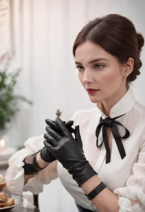 A woman wearing black leather gloves in both hands, mysterious hands, white blouse sleeves, eating alone, close-up hands