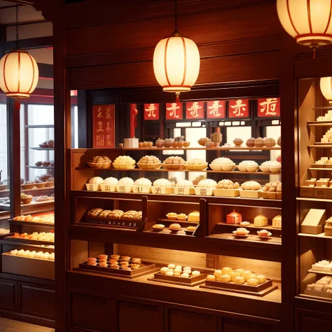 Interior display of ancient Chinese architectural dim sum shop The dim sum on the shelves is replaced with mooncakes