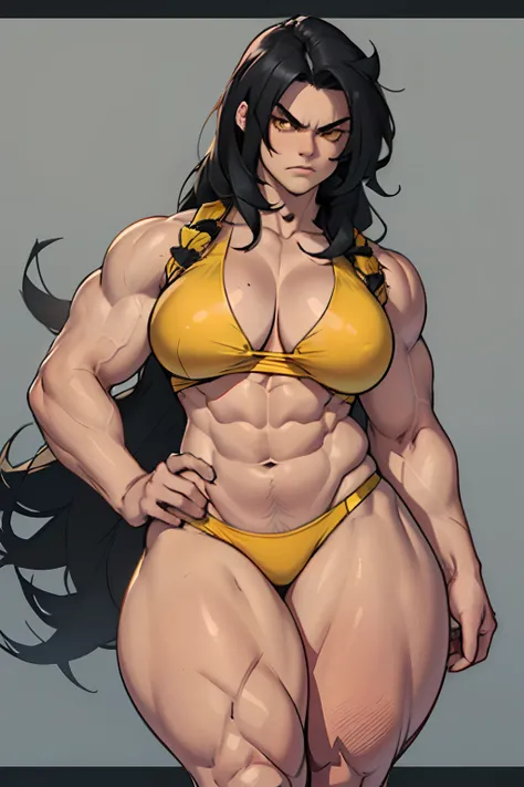 ((((((muscular, thick thighs, large breasts, 1 girl, full )))))), angry, black hair, yellow eyes, very long hair, pale skin, abs