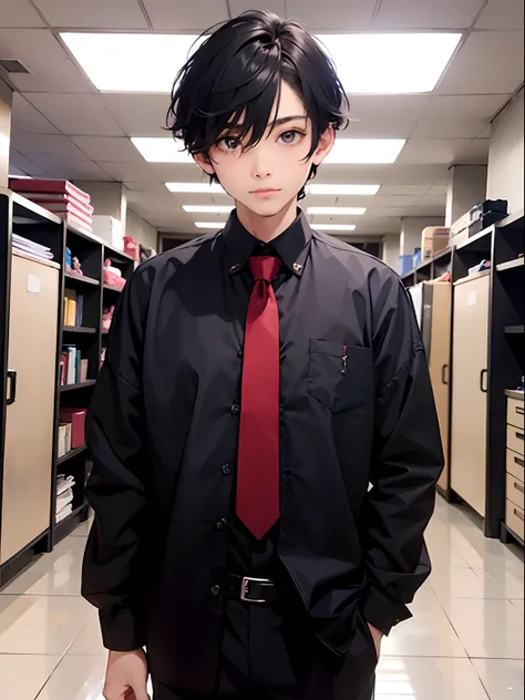 1boy,11 only、(Mans :2),(bobhair:1.5)、A dark-haired、shirt、Brightly colored ties、Cluttered office、beautiful  lighting、hightquality、masutepiece,8K,hight resolution、