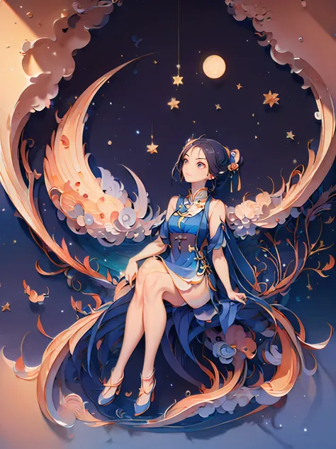 (((Masterpiece))),Best quality, illustratio,  skye, Cloud, Star (symbol),1female, Elegant woman, during night, Luna, Star (skye), nigh sky, Starry sky, Bright colors, Soft light,(warm color:1.2),watercolor paiting, Light background, Exquisite details of th...