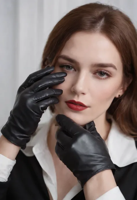 The mysterious hand of a woman wearing black leather gloves on her hand, long sleeves of a white blouse, eating alone, close-up only her hands