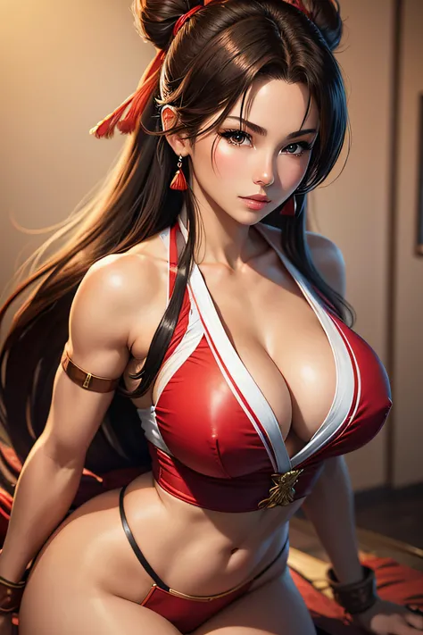 Close-up of a woman, Mai Shiranui from The King Of Fighters, cleavage, In China, medium breasts, 4K Quality, sexy, black hair