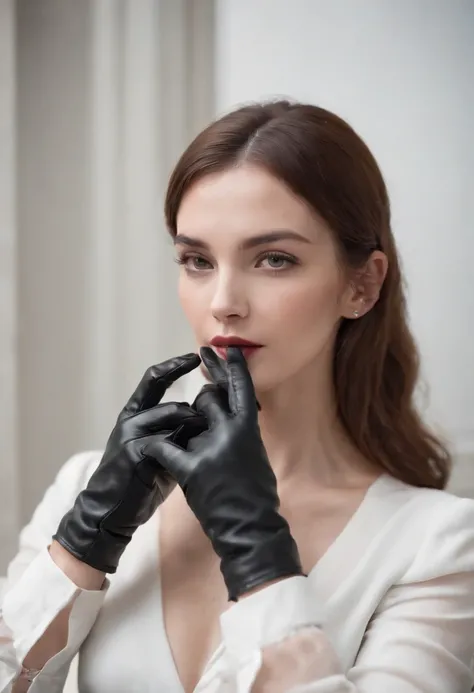 The mysterious hand of a woman wearing black leather gloves on her hand, long sleeves of a white blouse, eating alone, close-up only her hands