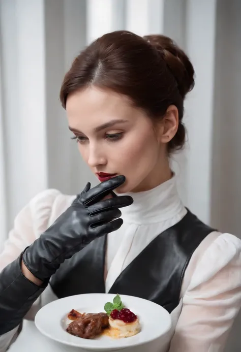 The mysterious hand of a woman wearing black leather gloves on her hand, long sleeves of a white blouse, eating alone, close-up only her hands