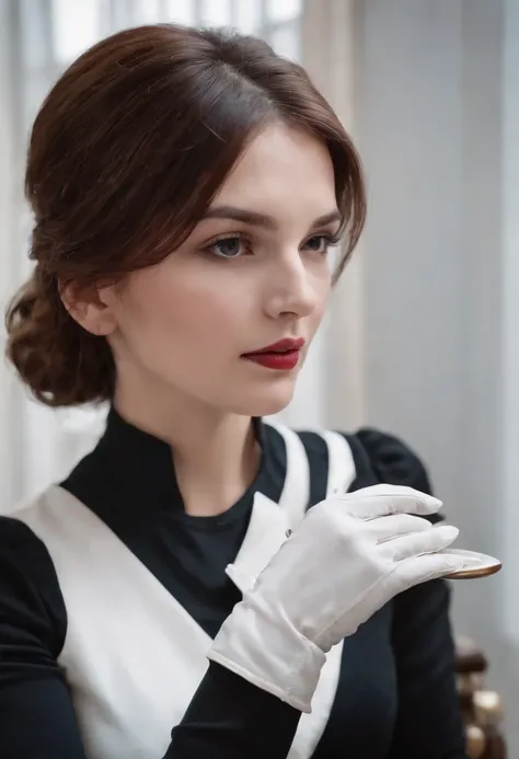 The mysterious hand of a woman wearing black leather gloves on her hand, long sleeves of a white blouse, eating alone, close-up only her hands