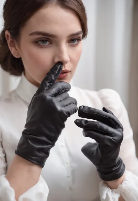 The mysterious hand of a woman wearing black leather gloves on her hand, long sleeves of a white blouse, eating alone, close-up only her hands