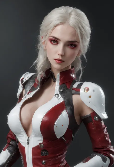 Cirilla Fiona Elen Riannon，Highest image quality，Outstanding details，超高分辨率，（Fidelity：1.4），The best illustration，Favor the details，closeup cleavage，A mech girl，He has a delicate and beautiful face，（（Red and white semi-mechanical body：1.8）），Raised sexy，cleav...