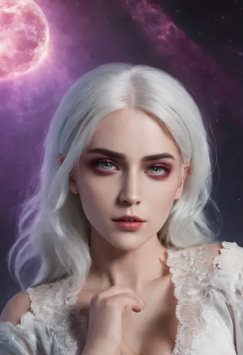 Cirilla Fiona Elen Riannon，Cosmic Fallen Angel, glowing light eyes, Delicate and beautiful face，Bigchest，Biomechanical, eerie, Dream-like, Very bright colors, Light particles, with light glowing, Lucifer, wallpaper art, UHD wallpaper