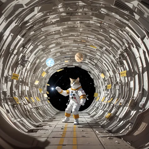 Make a space shuttle scene with paper cutouts, A cat wearing a spacesuit and a spacesuit is walking through a space-time tunnel，A black hole towards the end.