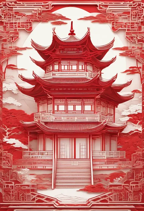 Masterpiece, Traditional Chinese style house，beautiful render of a fairytale, In the style of paper art, painting of beautiful, beautiful as the moon, A very complex masterpiece, Beautiful and intricate red masterpiece, multi-layer, mysterious, Castle