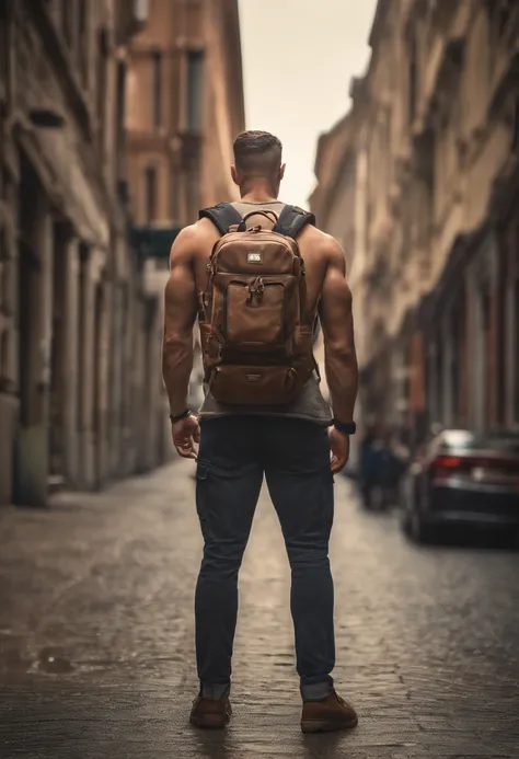 Strong muscular man, street rage, backpack, epic realism, photo, faded, complex stuff around, complex background, wet, neutral colors, ((((hdr)))), (((( muted colors)))), complex scene, artstation, intricate details, vignette