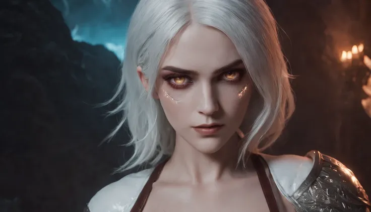 Cirilla Fiona Elen Riannon，Cosmic Fallen Angel, glowing light eyes, Delicate and beautiful face，Bigchest，Biomechanical, eerie, Dream-like, Very bright colors, Light particles, with light glowing, Lucifer, wallpaper art, UHD wallpaper