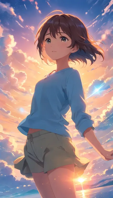 masterpiece, best quality, movie still, 1girl, cloud girl, floating in the sky, close-up, bright, happy, warm soft lighting, sunset, (sparks:0.7)