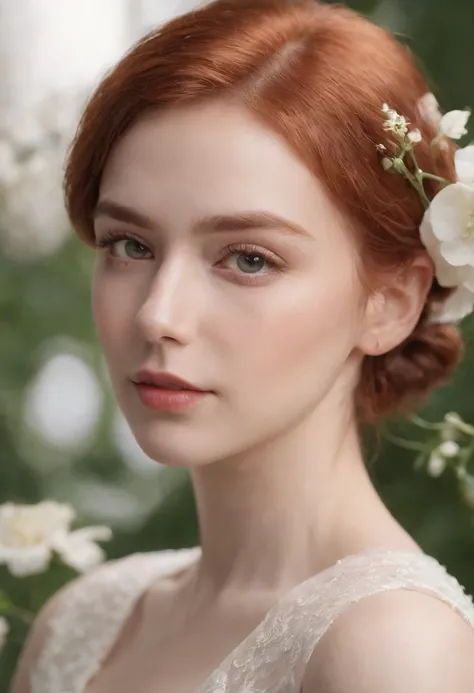 photoshoot of deborahWolf1, (redhair), (short hair )，sweet,detailed skin texture, (blush:0.2), (goosebumps:0.3), (white floral dress), subsurface scattering, Photorealistic, Hyperrealistic, analog style,demure, detailed skin, matte skin, soft lighting, sub...