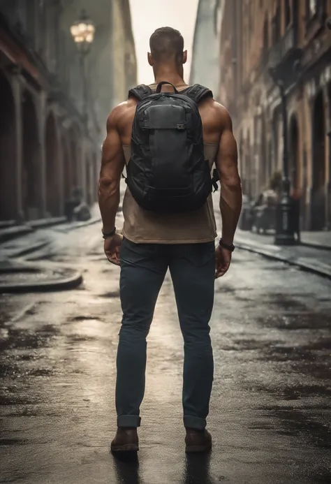 Strong muscular man, street rage, backpack, epic realism, photo, faded, complex stuff around, complex background, wet, neutral colors, ((((hdr)))), (((( muted colors)))), complex scene, artstation, intricate details, vignette