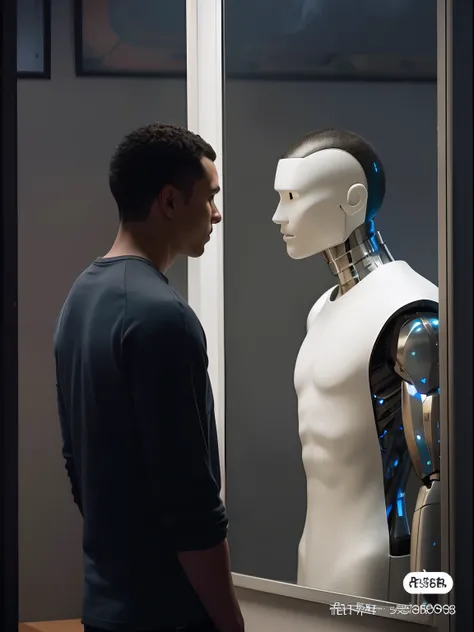 The Arafeld man looked at the mannequin in the mirror, cinematic ligh《Ex Machina》Still, A humanoid robot from a former mechanic, Who are male sex robots, Uncanny Valley, focus on two androids, Uncanny Valley, Ex Machina, on a mannequin. high resolution, in...