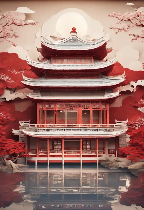 Masterpiece, Traditional Chinese style house，beautiful render of a fairytale, In the style of paper art, painting of beautiful, beautiful as the moon, A very complex masterpiece, Beautiful and intricate red masterpiece, multi-layer, mysterious, Castle