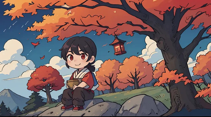 1boy, black hair, red eyes, colorful, traditional clothing, trap, medium hair, pony tail, shota, unusual pupils, japanese, chibi, shortstack, chubby, male focus, shrine, sitting down, outdoor forest and fields, clouds and evening sky and autumn trees, happ...