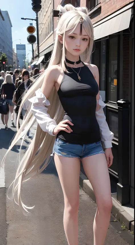 ((medium breast, tomboy girls, small head)), daylight, sunlight, (chiseled abs : 1.1), (perfect body : 1.1), (long straight hair : 1.2) , silver hair, collar, chain, full body shot, crowded street, wearing black tanktop, jeans jacket, ((shorts)), (extremel...