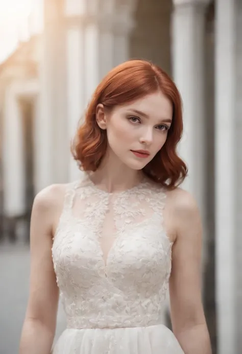 photoshoot of deborahWolf1, (redhair), (short wavy hair )，sweet,detailed skin texture, (blush:0.2), (goosebumps:0.3), (white floral dress), subsurface scattering, Photorealistic, Hyperrealistic, analog style,demure, detailed skin, matte skin, soft lighting...