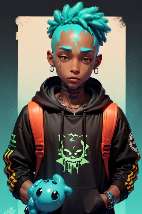 pixarstyle Monster Boy, Caramel Brown skin Black boy moor, Bald Hairstyle, Streetwear, Full Slime Body, colors neon, risa loca, malvada