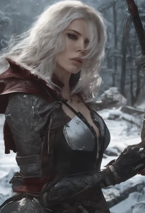 Cirilla Fiona Elen Riannon，Highest image quality，Outstanding details，超高分辨率，（Fidelity：1.4）, Favor the details，closeup cleavage，dawn，Snow，winter，Wizard Sword，He has a delicate and beautiful face，Red Japanese oni armor，Raised sexy，frontage，cyber punk perssona...